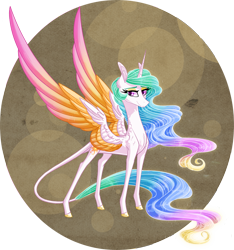 Size: 2247x2400 | Tagged: safe, artist:australian-senior, princess celestia, alicorn, pony, abstract background, alternate design, alternate universe, colored hooves, colored wings, ethereal mane, female, gradient wings, kirindos, leonine tail, looking at you, mare, multicolored wings, realistic horse legs, smiling, solo, standing