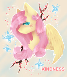 Size: 720x821 | Tagged: safe, artist:akamaraa, fluttershy, butterfly, pegasus, pony, blushing, bust, chest fluff, cute, kindness, portrait, shyabetes, solo
