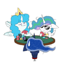 Size: 800x800 | Tagged: safe, artist:sanyo2100, princess celestia, princess luna, oc, oc:kamioko, alicorn, changeling, changeling queen, pony, changeling oc, changeling queen oc, chibi, crown, female, ice changeling, jewelry, playing card, poker, poker chips, regalia, smug, sunglasses, sweat, sweatdrop, table