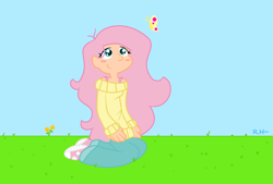 Size: 2220x1498 | Tagged: safe, artist:rainbowheartpony, fluttershy, butterfly, human, blush sticker, blushing, bra strap, clothes, converse, humanized, jeans, pants, shoes, sneakers, sweater, sweatershy