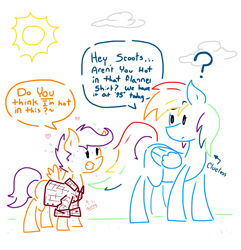 Size: 959x993 | Tagged: safe, artist:doodledandy, derpibooru exclusive, derpibooru import, rainbow dash, scootaloo, pegasus, pony, clothes, comic, female, flannel, flannel shirt, hot, pun, shirt, sun, sweat