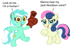 Size: 1024x702 | Tagged: safe, artist:aleximusprime, artist:vergilpl, bon bon, lyra heartstrings, sweetie drops, pony, bipedal, chibi, cute, foam finger, simple background, transparent background