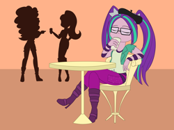 Size: 1280x957 | Tagged: safe, artist:estrill, adagio dazzle, aria blaze, sonata dusk, equestria girls, beret, coffee, glasses, hat, hipster, sillhouette