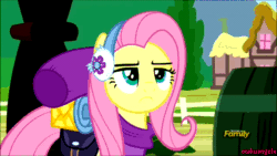 Size: 600x338 | Tagged: safe, screencap, fluttershy, pegasus, pony, dungeons and discords, animated, discovery family logo, gif, raised eyebrow