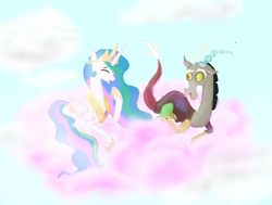 Size: 3832x2892 | Tagged: safe, artist:mr100dragon100, discord, princess celestia, alicorn, draconequus, pony, cotten candy cloud, dislestia, female, male, shipping, sky, straight