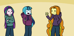 Size: 1662x812 | Tagged: safe, artist:tonecolour12, adagio dazzle, aria blaze, sonata dusk, equestria girls, alternate hairstyle, annoyed, clothes, crossed arms, cute, eyes closed, fist, frown, hoodie, loose hair, open mouth, smiling, the dazzlings