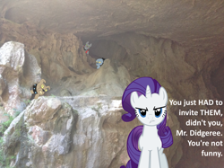 Size: 1024x765 | Tagged: safe, artist:didgereethebrony, rarity, diamond dog, cave, dialogue, implied didgeree, irl, jenolan caves, looking at you, mlp in australia, offscreen character, photo, ponies in real life, pov, unamused