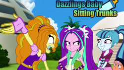 Size: 1191x670 | Tagged: safe, artist:digitbrony, adagio dazzle, aria blaze, sonata dusk, equestria girls, babysitting, crossover, dragon ball z