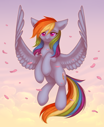 Size: 2050x2500 | Tagged: safe, artist:avrameow, derpibooru import, rainbow dash, pegasus, pony, cloud, female, flying, mare, rose petals, solo