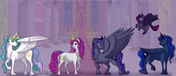 Size: 1800x780 | Tagged: safe, artist:ganashiashaka, princess celestia, princess luna, oc, oc:aurora, oc:serena, oc:somnium, oc:viola noctre, alicorn, bat pony, pony, unicorn, female, filly, flying, male, mare, offspring, parent:good king sombra, parent:king sombra, parent:princess celestia, parent:princess luna, parents:celestibra, stallion, story included