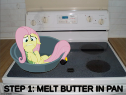 Size: 763x574 | Tagged: safe, fluttershy, pegasus, pony, buckball season, abuse, clothes, cooked alive, cooking, female, fire, flutterbuse, flutterbutter, literal buttershy, mare, meme, oven, pony as food, solo, stove
