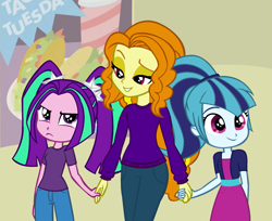 Size: 1303x1063 | Tagged: safe, artist:dilemmas4u, adagio dazzle, aria blaze, sonata dusk, equestria girls, adoragio, alternate universe, ariabetes, beautiful, cute, female, holding hands, loose hair, mamadagio, mom, mother, mother and child, mother and daughter, older, parent and child, show accurate, sonatabetes, taco tuesday, the dazzlings, younger