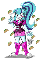 Size: 967x1425 | Tagged: safe, artist:danmakuman, sonata dusk, equestria girls, breasts, cleavage, clothes, female, skirt, solo, sonata bust, sonataco, taco