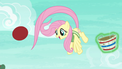 Size: 1920x1080 | Tagged: safe, screencap, fluttershy, pegasus, pony, buckball season, basket, bottomless, buckball, buckbasket, bushel basket, clothes, magic, partial nudity, solo, telekinesis