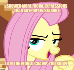 Size: 806x759 | Tagged: safe, edit, edited screencap, screencap, fluttershy, pegasus, pony, bedroom eyes, blatant lies, caption, image macro, meme, solo, yellow text