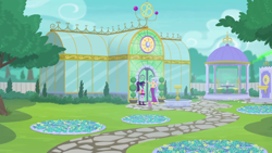 Size: 1920x1080 | Tagged: safe, screencap, princess celestia, principal celestia, sci-twi, spike, spike the regular dog, twilight sparkle, dog, better together, equestria girls, my little shop of horrors, celestia's house, gazebo, greenhouse, magic