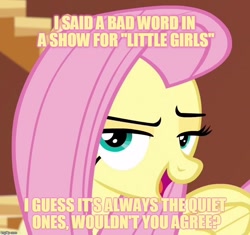 Size: 806x759 | Tagged: safe, edit, edited screencap, screencap, fluttershy, pegasus, pony, bedroom eyes, caption, image macro, meme, painfully innocent fluttershy, peeved, smugshy, solo, swearyshy, yellow text