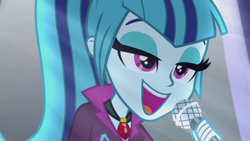 Size: 1280x720 | Tagged: safe, edit, edited screencap, screencap, sonata dusk, equestria girls, rainbow rocks, bedroom eyes, microphone, singing, solo