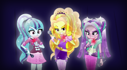 Size: 5395x3000 | Tagged: dead source, safe, artist:meteor-spark, adagio dazzle, aria blaze, sonata dusk, equestria girls, .svg available, bedroom eyes, crystallized, glow, grin, microphone, raised eyebrow, smiling, smirk, sparkles, the dazzlings, vector