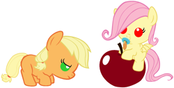 Size: 1996x1017 | Tagged: safe, artist:red4567, applejack, fluttershy, bat pony, pony, apple, baby, baby pony, babybat, babyjack, babyshy, cute, flutterbat, foal, food, jackabetes, pacifier, ponies riding food, recolor, red4567 is trying to murder us, riding, shyabates, shyabetes