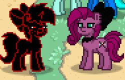 Size: 379x242 | Tagged: safe, pinkie pie, oc, oc:caki, earth pony, pony, photo shoot of caki, pinkamena diane pie, pony town