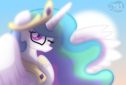 Size: 3016x2040 | Tagged: safe, artist:bubbly-storm, princess celestia, alicorn, pony, female, horn, mare, multicolored mane, one eye closed, solo, white coat