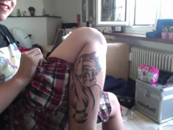 Size: 500x375 | Tagged: safe, artist:cloudcore, applejack, human, irl, irl human, leg, photo, tattoo, trunks