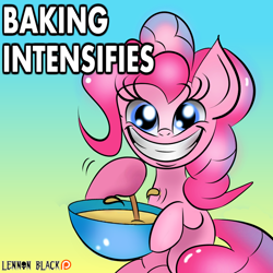 Size: 1000x1000 | Tagged: safe, artist:lennonblack, pinkie pie, earth pony, pony, batter, food, meme, patreon, patreon logo, smile hd, solo, x intensifies