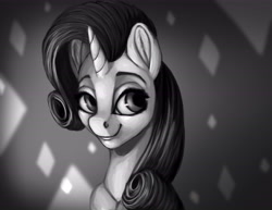 Size: 6600x5100 | Tagged: safe, artist:splatterpaint-donkey, rarity, pony, unicorn, absurd resolution, black and white, bust, digital art, fashion, female, grayscale, mare, monochrome, portrait, smiling, solo