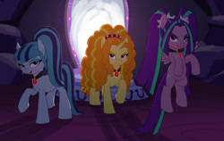 Size: 1300x824 | Tagged: safe, artist:carnifex, adagio dazzle, aria blaze, sonata dusk, earth pony, pegasus, pony, unicorn, equestria girls ponified, female, gem, jewelry, lidded eyes, mare, mirror, necklace, pendant, ponified, portal, siren gem, smiling, the dazzlings, trio