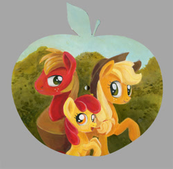 Size: 800x780 | Tagged: safe, artist:maytee, apple bloom, applejack, big macintosh, earth pony, pony, acrylic painting, apple, food, male, painting, stallion, traditional art