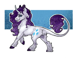 Size: 1023x783 | Tagged: safe, artist:biakela, rarity, classical unicorn, pony, unicorn, abstract background, cloven hooves, colored ears, colored hooves, curved horn, cutie mark, ear piercing, earring, female, fluffy, jewelry, leonine tail, lip piercing, looking at you, mare, piercing, sidemouth, smiling, solo, unshorn fetlocks