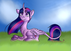 Size: 700x500 | Tagged: safe, artist:lolzeeh, derpibooru import, twilight sparkle, twilight sparkle (alicorn), alicorn, classical unicorn, pony, curved horn, female, leonine tail, mare, prone, unshorn fetlocks