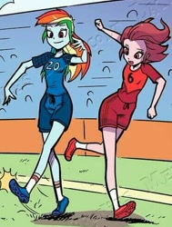 Size: 372x491 | Tagged: safe, artist:pencils, derpibooru import, idw, rainbow dash, equestria girls, spoiler:comic, spoiler:comicequestriagirlsmarchradness, background human, clothes, football, shoes, soccer shoes, sports, uniform, watermark