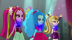 Size: 1366x768 | Tagged: safe, color edit, edit, edited screencap, screencap, adagio dazzle, aria blaze, sonata dusk, siren, equestria girls, rainbow rocks, bare shoulders, colored, g major, inverted, inverted colors, sleeveless, the dazzlings, wat, welcome to the show