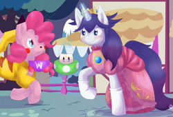 Size: 4754x3240 | Tagged: safe, artist:kibapuppypaws, pinkie pie, rarity, earth pony, pikachu, pony, unicorn, clothes, costume, magic, nightmare night, nightmare night costume, pokémon, princess peach, raripeach, super mario bros.