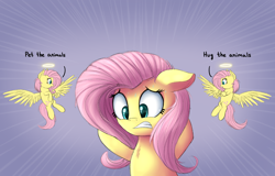 Size: 1674x1074 | Tagged: safe, artist:vanillaghosties, fluttershy, pegasus, pony, animal, choice, conscience, cute, dialogue, shoulder angel, shyabetes