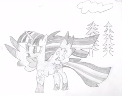 Size: 5686x4508 | Tagged: safe, artist:barryfrommars, derpibooru import, twilight sparkle, twilight sparkle (alicorn), alicorn, pony, twilight's kingdom, absurd resolution, cloud, female, mare, monochrome, pencil drawing, rainbow power, sketch, traditional art, tree