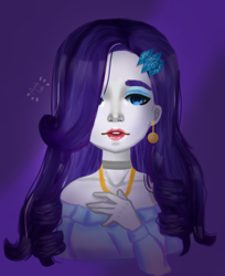 Size: 654x800 | Tagged: safe, artist:andylala7u7, rarity, human, equestria girls, clothes, ear piercing, earring, female, gradient background, humanized, jewelry, lipstick, looking at you, necklace, piercing, signature, solo