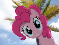 Size: 2904x2224 | Tagged: safe, artist:riniginianna, artist:tardisbrony, pinkie pie, cute, grin, irl, looking at you, looking down, palm tree, photo, ponies in real life, sky, smiling, solo, squee, tree, vector
