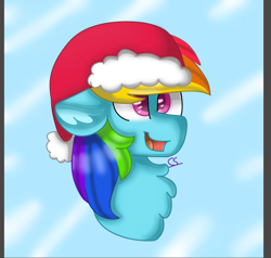 Size: 831x792 | Tagged: safe, artist:clairedaartiste444, derpibooru import, rainbow dash, pegasus, pony, bust, chest fluff, christmas, female, floppy ears, hat, holiday, santa hat, smiling, solo