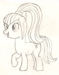 Size: 1862x2335 | Tagged: safe, artist:chronicle23, sonata dusk, earth pony, pony, female, mare, monochrome, ponified, ponytail, solo, traditional art