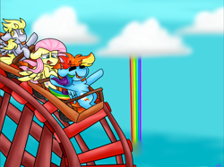 Size: 1064x796 | Tagged: safe, artist:clairedaartiste444, derpibooru import, fluttershy, rainbow dash, pegasus, pony, chest fluff, cloud, floppy ears, hooves in air, rainbow, roller coaster, tongue out