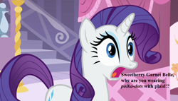 Size: 896x512 | Tagged: safe, edit, edited screencap, screencap, rarity, pony, unicorn, a dog and pony show, carousel boutique, cropped, female, implied sweetie belle, mare, open mouth, shocked, text