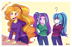 Size: 1282x838 | Tagged: safe, artist:riouku, adagio dazzle, aria blaze, sonata dusk, equestria girls, angry, censored vulgarity, clothes, crossed arms, frown, grawlixes, hoodie, open mouth, question mark, the dazzlings