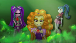 Size: 8000x4500 | Tagged: safe, artist:yogisp, adagio dazzle, aria blaze, sonata dusk, equestria girls, absurd resolution, grin, looking at you, microphone, smiling, smirk, the dazzlings