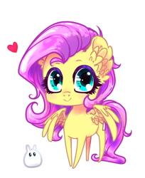 Size: 1024x1252 | Tagged: safe, artist:geneticbattalion, fluttershy, pegasus, pony, rabbit, chibi, ear fluff, heart, simple background, solo, spread wings