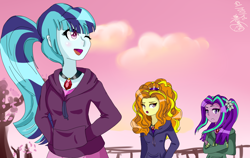 Size: 1900x1200 | Tagged: safe, artist:gomilovers, adagio dazzle, aria blaze, sonata dusk, equestria girls, blushing, clothes, cute, hoodie, open mouth, smiling, the dazzlings
