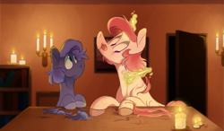 Size: 1507x878 | Tagged: safe, artist:longmuzzlepony, princess celestia, princess luna, alicorn, pony, alternate hairstyle, candle, duo, haircut, pink mane, scissors, tongue out, younger