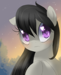 Size: 500x614 | Tagged: dead source, safe, artist:loyaldis, octavia melody, earth pony, pony, blushing, cute, female, heart eyes, sky, solo, stars, sunset, tree, wingding eyes